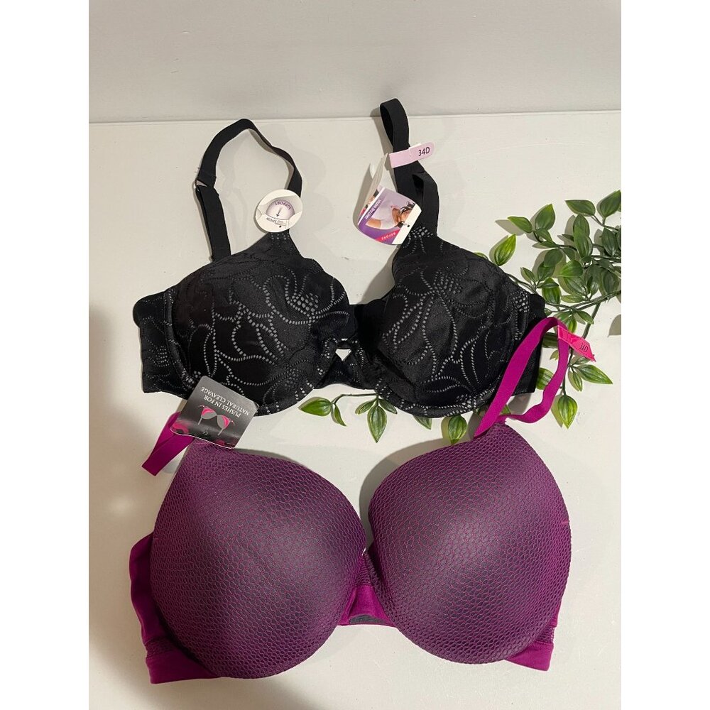 2-Pack Womens Bras 34D Black Lace&Purple Mesh Padded Underwire Support Comfortab